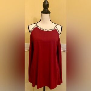 GRECERELLE Cold-Shoulder Burgundy Top w/ Leopard Trim; Never worn; size Medium.